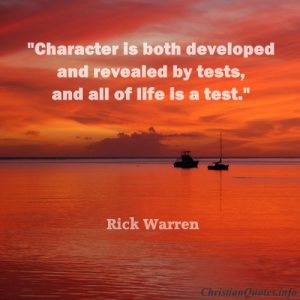 Rick Warren Christian Quote - Character - orange sunset over ocean with ships