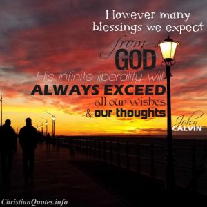John Calvin Quote - Blessings from God - sunset and people walking on ocean sidewalk path